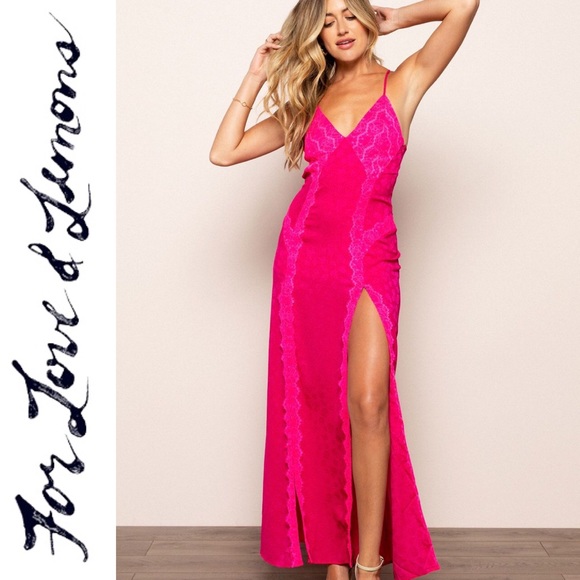 FOR LOVE & LEMONS KRISTIE HOT PINK SLIT MAXI DRESS - Picture 2 of 5